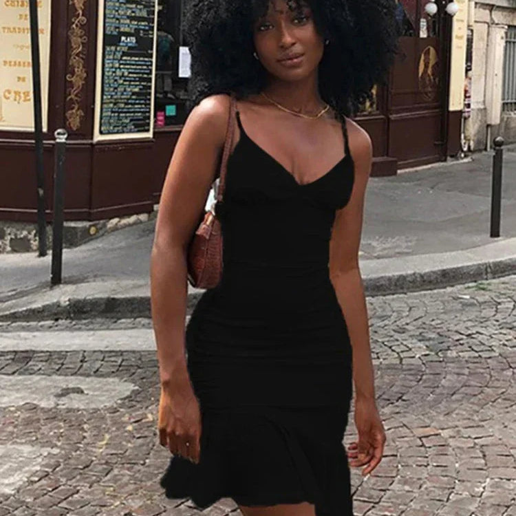 Abito midi estivo senza maniche con volant e spalline sottili per feste in discoteca