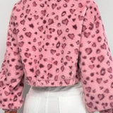 Cappotto corto con stampa leopardata, collo alto, mezza zip e pelliccia