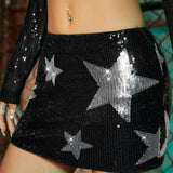 Gonna aderente con paillettes e stampa a stelle per festival e carnevale