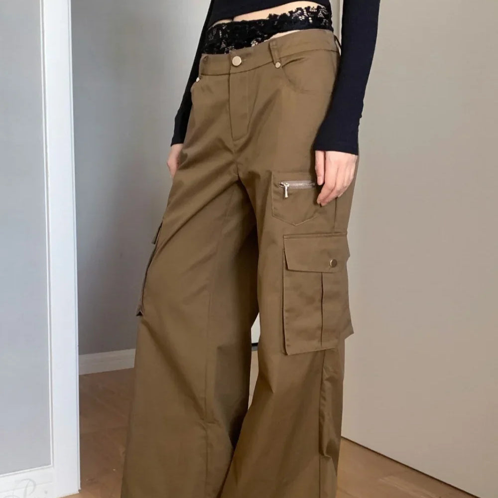 Pantaloni cargo multitasche a vita alta con gamba dritta