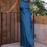 Abiti da damigella d'onore midi in raso con scollo all'americana estivi