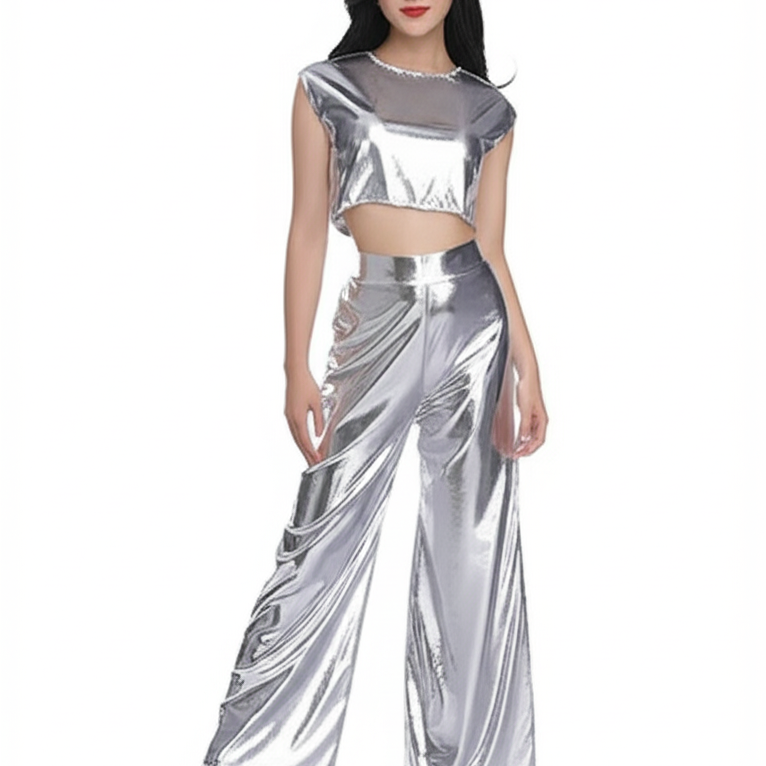 Completo composto da top corto metallizzato e pantaloni a gamba larga per donna