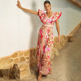 Completo due pezzi con gonna e stampa retrò con scollo a V