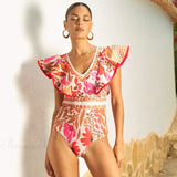 Completo due pezzi con gonna e stampa retrò con scollo a V