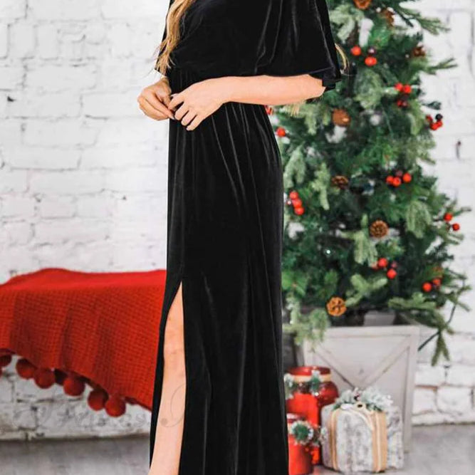 Abito midi in velluto con scollo rotondo e spacco alto