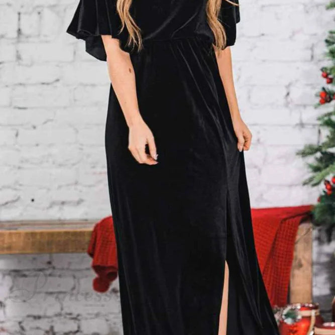 Abito midi in velluto con scollo rotondo e spacco alto