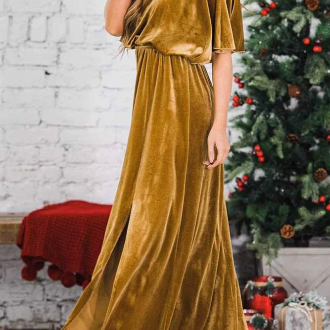 Abito midi in velluto con scollo rotondo e spacco alto