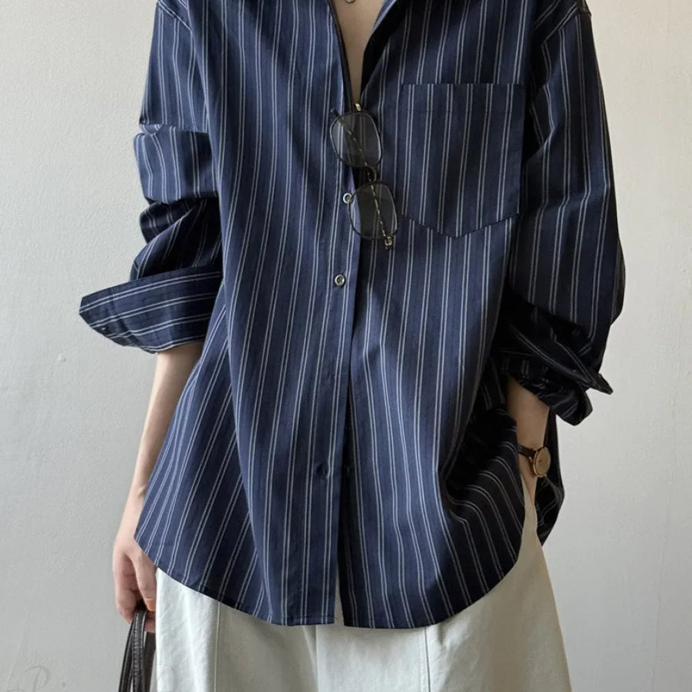 Blusa ampia in cotone a maniche lunghe a righe verticali