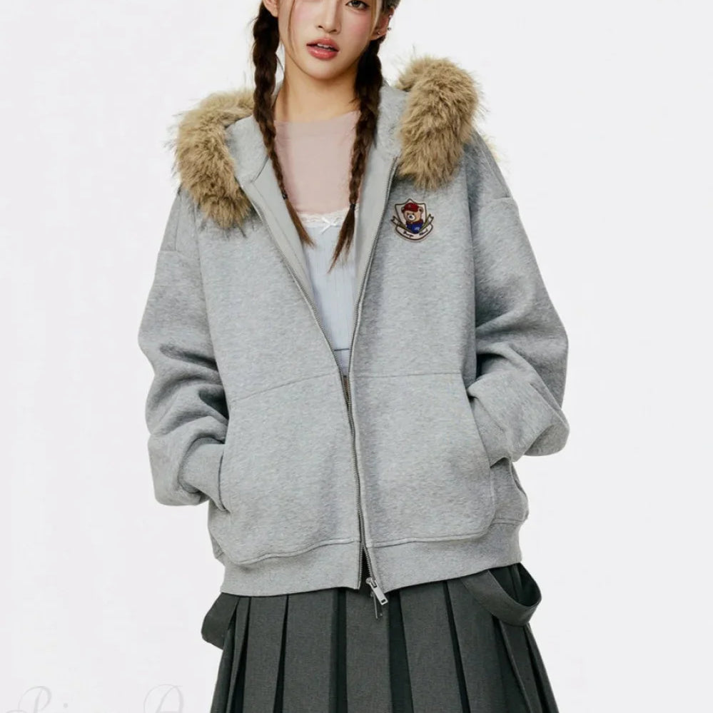 Felpa con cappuccio e cerniera in pile con orecchie d'orso vintage