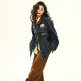 Giacca utility vintage in denim ricamato con revers larghi