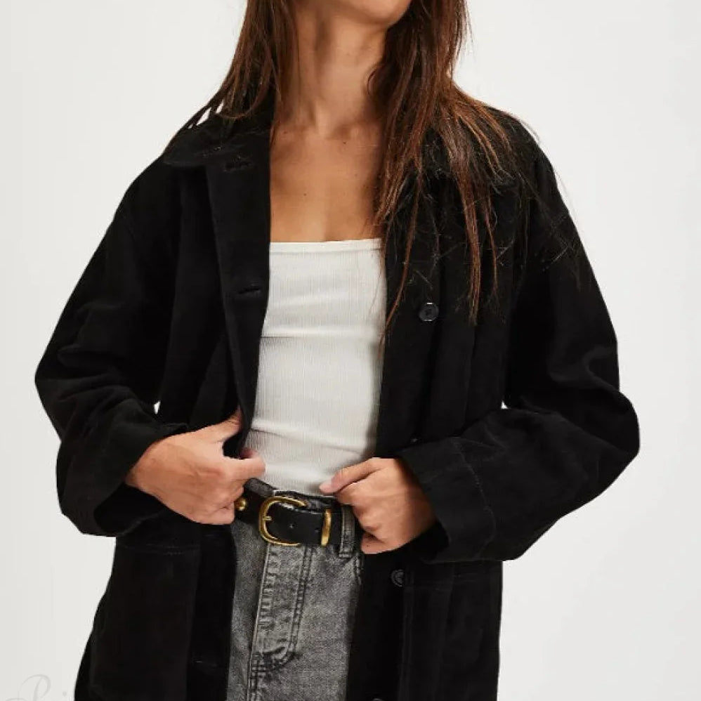 Giacca monopetto in pelle scamosciata semplice vintage