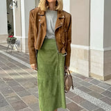 Gonna longuette a tubino in pelle scamosciata vintage a vita alta