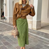 Gonna longuette a tubino in pelle scamosciata vintage a vita alta