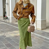 Gonna longuette a tubino in pelle scamosciata vintage a vita alta