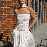 Abito lungo a trapezio in modal bianco senza spalline e vita alta