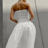 Abito lungo a trapezio in modal bianco senza spalline e vita alta