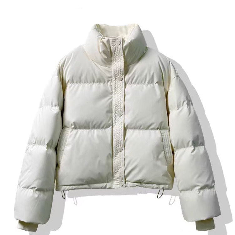 Piumino corto da donna, cerniera frontale e bottoni automatici, collo alto