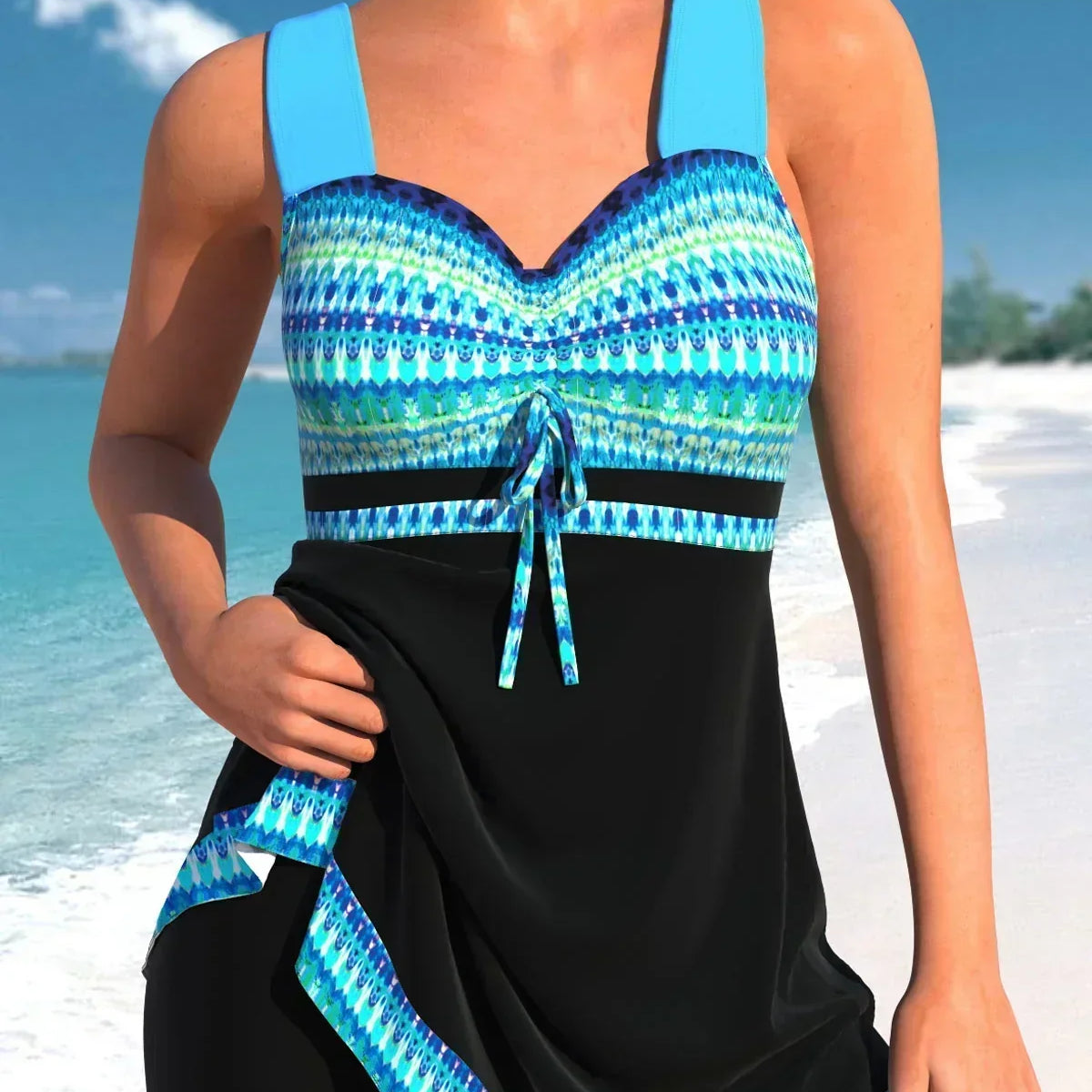 Tankini da donna – Taglio aderente – Tessuto elasticizzato traspirante – Lacci sul petto – Motivo patchwork