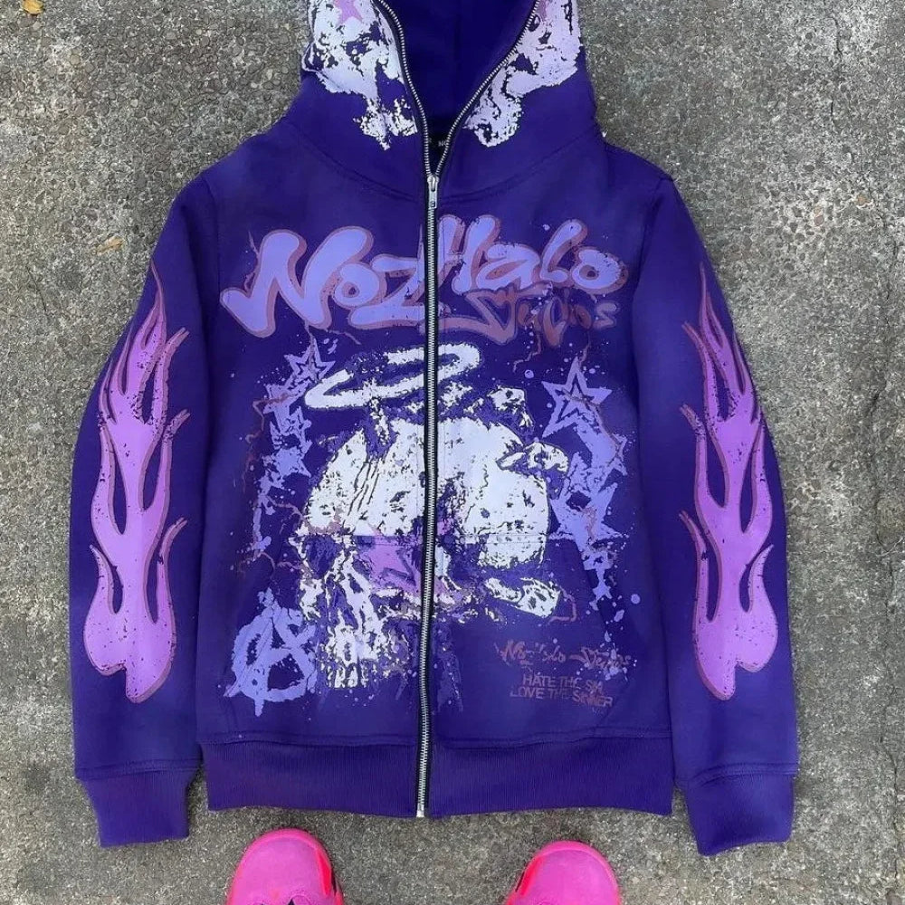 Felpa con cappuccio e zip stile cartone animato hip-hop Y2K Dark