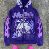 Felpa con cappuccio e zip stile cartone animato hip-hop Y2K Dark