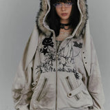 Felpa con cappuccio e stampa orecchie da coniglio con colletto in pile Y2K