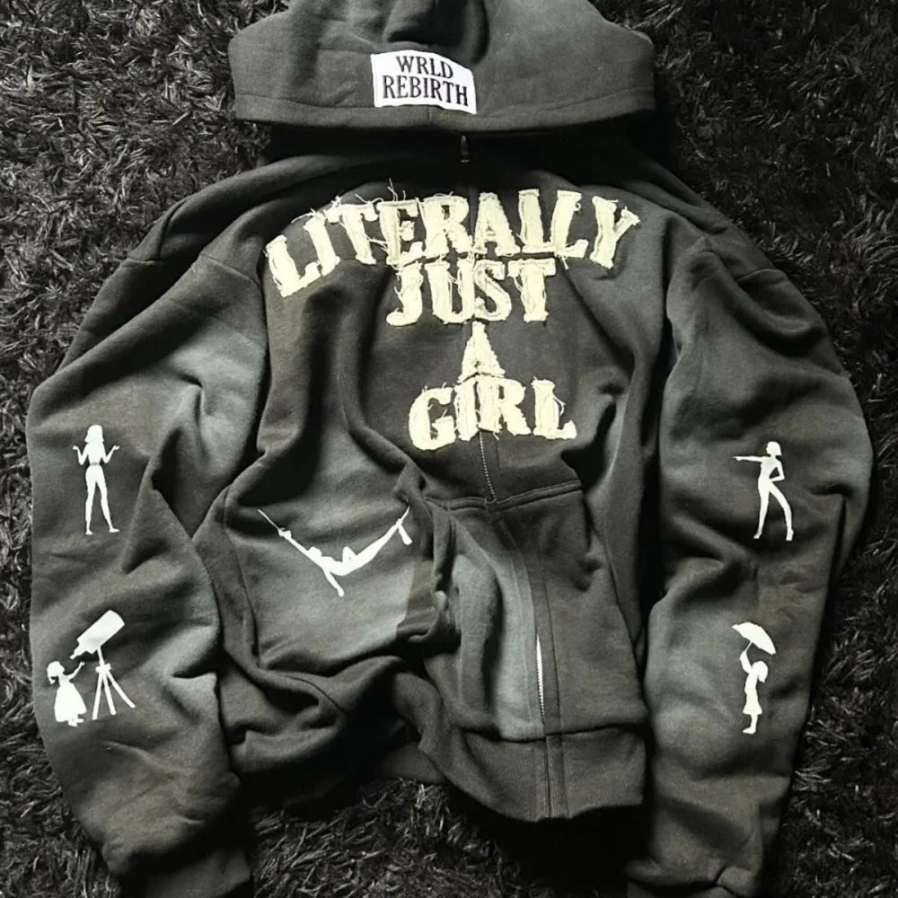 Felpa con cappuccio e zip larga con stampa 3D di lettere hip-hop Y2K