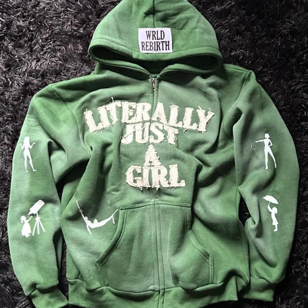 Felpa con cappuccio e zip larga con stampa 3D di lettere hip-hop Y2K