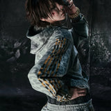 Felpa con cappuccio e zip a righe leopardate Y2K