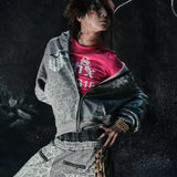 Felpa con cappuccio e zip a righe leopardate Y2K