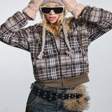 Felpa con cappuccio in pile Sherpa a quadri Y2K