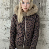 Felpa con cappuccio e cerniera in pile con stampa leopardata sexy Y2K