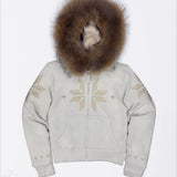 Felpa con cappuccio Y2K Sherpa Collar con strass, cerniera frontale e vita stretta