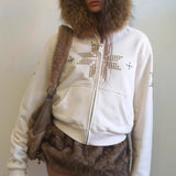 Felpa con cappuccio Y2K Sherpa Collar con strass, cerniera frontale e vita stretta